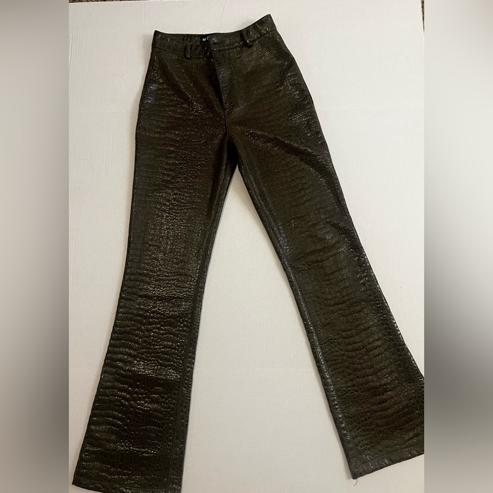 Olive green snake skin, tight pants with flared leg, size extra small